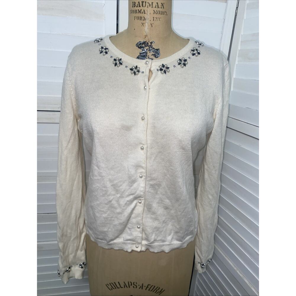 VTG Y2K Cream Ice Pearl Button Up Beaded Sequin Cardigan Sz Large